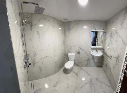 UriuPensiunea Maria的白色的浴室设有卫生间和水槽。