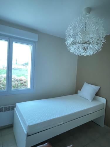莱斯帕尔梅多克Domaine des quatre terres的一间卧室配有一张床和一个吊灯