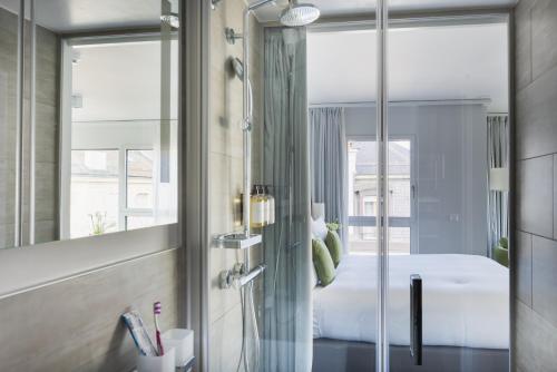 尼翁尼翁百思公寓式酒店的带淋浴、床和镜子的浴室