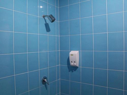 素辇府The Grace Residence的蓝色瓷砖浴室设有淋浴和肥皂机