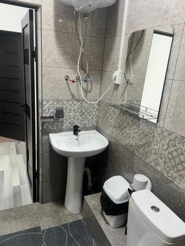卡拉科尔Sayak hostel的一间带水槽、卫生间和镜子的浴室