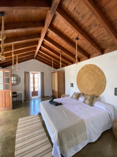 圣地亚哥海滩Casa Los Llanos的一间带一张大床的卧室,位于一个拥有木制天花板的房间