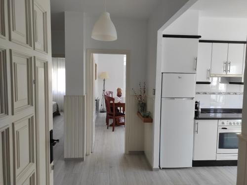 伊扎洛Apartamento Area Pequena Ézaro的厨房配有白色冰箱和桌子