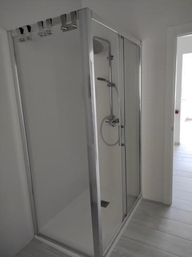伊扎洛Apartamento Area Pequena Ézaro 2的浴室里设有玻璃门淋浴