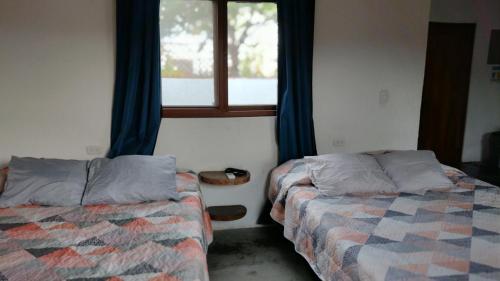 SipacateLuz del Mar Bungalos en la playa del Paredón的一间卧室设有两张床,窗户设有