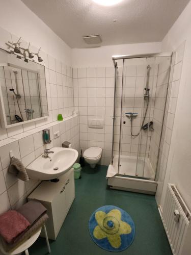 德累斯顿奥勒膳食公寓的浴室配有盥洗盆、卫生间和淋浴。