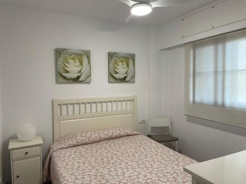 卡内拉岛Apartamento premium un dormitorio ALCAUDON的卧室配有一张床,墙上挂着三朵鲜花