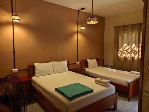 塔拉波托Bijao Hostel的一间卧室设有两张床、窗户和灯光。