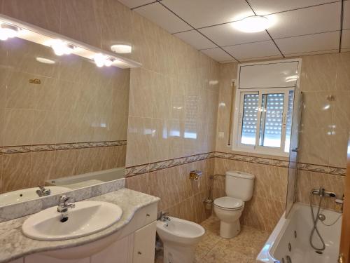 迈阿密普拉特亚Chalet Menorca的一间带水槽、卫生间和镜子的浴室
