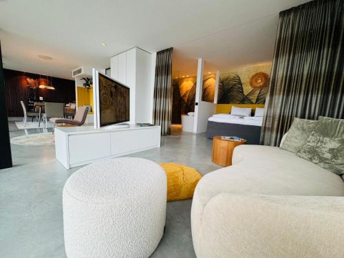 魏勒格Orange Lounge的客厅配有沙发和电视。