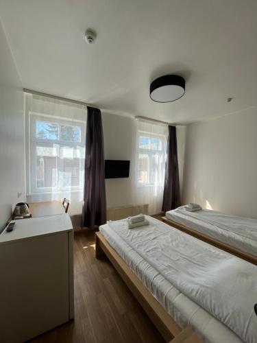 尤尔马拉叶琳娜公寓式酒店的客房设有两张床、一个水槽和两个窗户。
