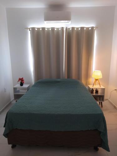 雅克南Beach House Praia de Carapibus的一间卧室配有一张带绿色棉被的床