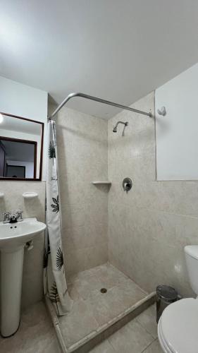 麦德林Hotel Gran Conquistador 33的带淋浴、卫生间和盥洗盆的浴室