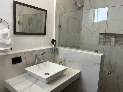 坎昆Villas Carlota Cancún的白色的浴室设有水槽和淋浴。