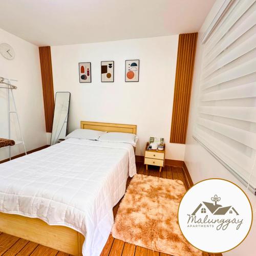 马里韦莱斯Malunggay Apartments的卧室配有白色的床和地毯。