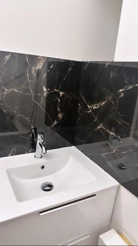 塞尔吉Chambres sur Cergy的浴室设有白色水槽和黑色瓷砖