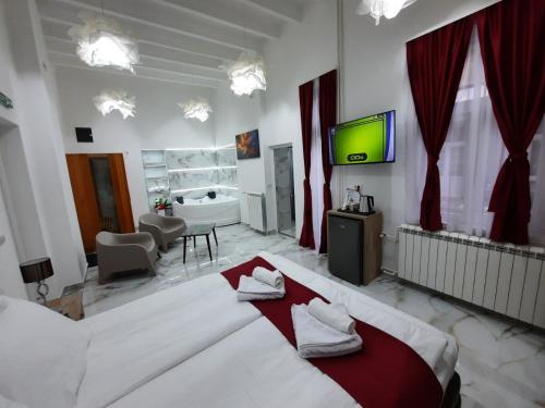 贝尔格莱德Authentic Belgrade Centre - Luxury Suites的一间卧室配有一张床、一个浴缸和一台电视。