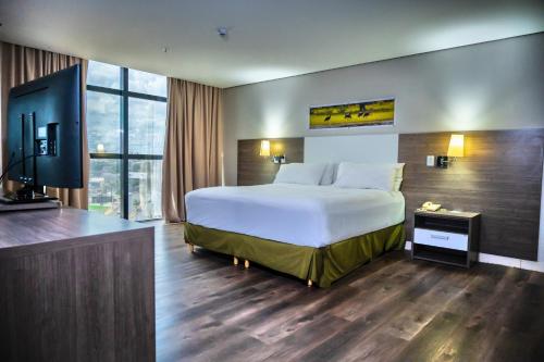 库亚巴Hotel Inter Cuiaba的酒店客房设有一张大床和一台电视。