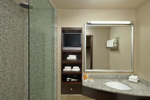 卡尔加里Acclaim Hotel by CLIQUE的一间带水槽和镜子的浴室以及一台电视
