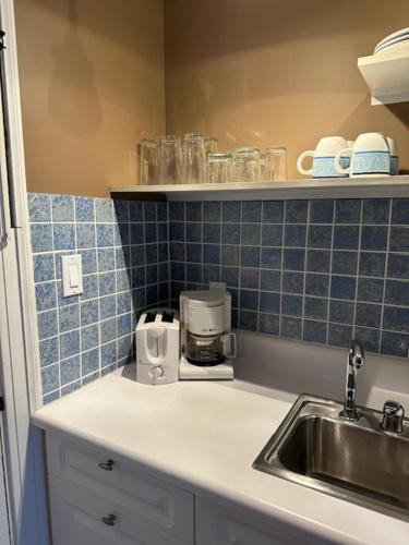 印第安纳波利斯Fountainview Inn的厨房柜台配有水槽和咖啡壶
