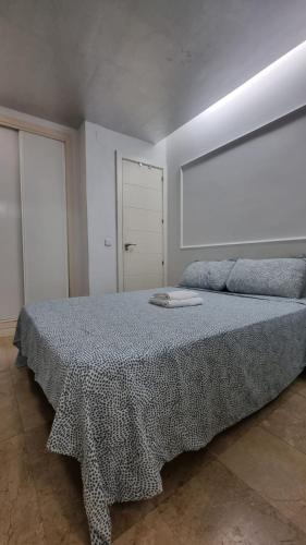 马德里Mini Apartamento Lovely Chueca的一间卧室配有一张床铺,床上有毯子