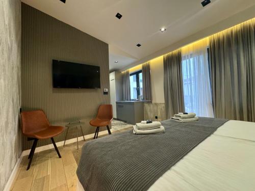 萨拉热窝Plaza Apartments的酒店客房设有两张床和一台平面电视。