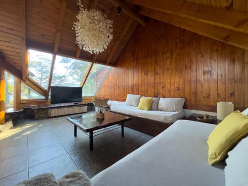 拉安戈斯图拉镇Punta Manzano的客房设有两张床、一张沙发和一台电视。