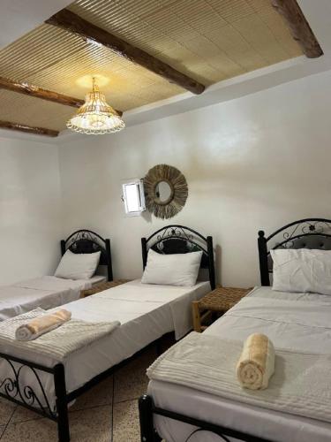 阿加迪尔rise surf and yoga morocco的客房设有两张床和吊灯。