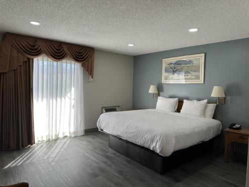 梅德福梅德福戴斯酒店的一间卧室设有一张床和一个大窗户