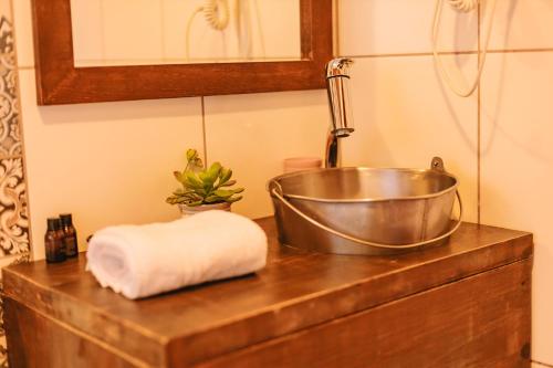 本图贡萨尔维斯Afeto Pousada的浴室设有水槽和柜台上的毛巾