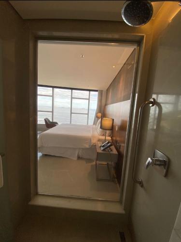 里约热内卢Apart Hotel的一间卧室配有一张床和一面大镜子