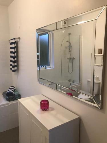 韦斯特波特Westport Retreat Apartment的一间带大镜子和淋浴的浴室