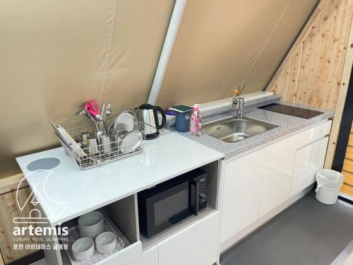 抱川市Pocheon Artemis Glamping的一间带水槽和微波炉的小厨房