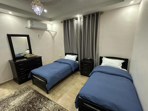 瓦迪穆萨Amro Petra Apartment的一间卧室配有两张床和镜子