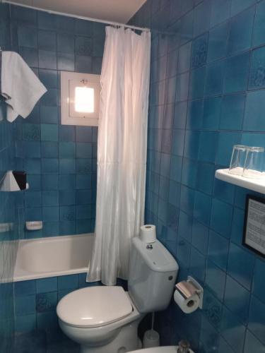 罗列特海岸玛丽旅馆 的蓝色瓷砖浴室设有卫生间和淋浴。
