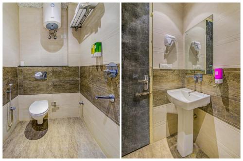 新德里Hotel Smart Plaza Delhi Airport的浴室的两张照片,配有卫生间和水槽