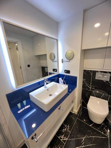 巴统Orbi City Batumi的一间带水槽、卫生间和镜子的浴室