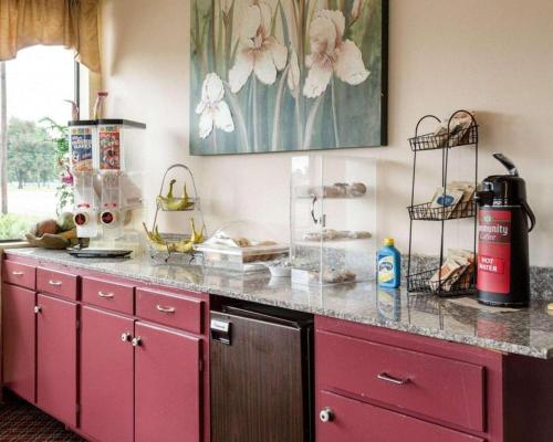 格林伍德Rodeway Inn的厨房配有粉红色的橱柜和台面