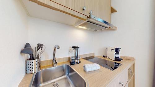 吕特里Charming apartments in the center of Lutry的厨房配有不锈钢水槽和炉灶。