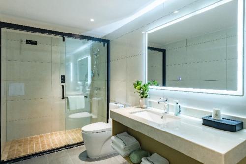 昆明City Comfort Inn Kunming Dashuying Yejin Hospital Wangdaqiao的一间带水槽、卫生间和镜子的浴室