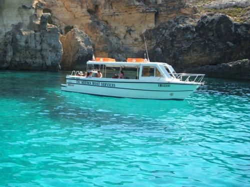 艾因西莱姆Comino Gozo Private Boat Trips Charters的悬崖前的水中船只