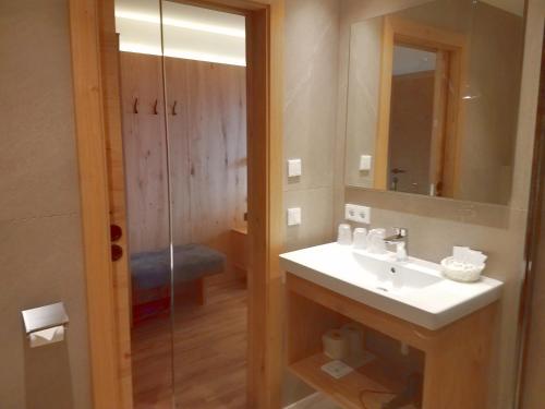 米特西尔Aparthotel Hohe Brücke-NPHT Sommercard inklusive的一间带水槽和玻璃淋浴的浴室