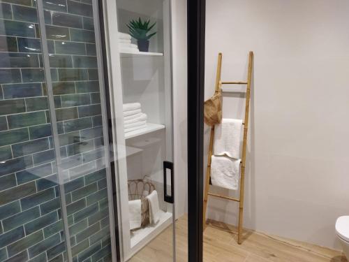 布拉内斯Hostal Sa Malica的浴室设有玻璃淋浴间和毛巾