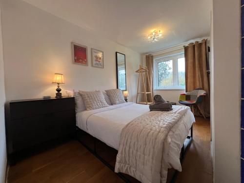 伦敦Great 2 bedrooms apartment 15 mins from the centre的一间卧室配有一张床、一张书桌和一个窗户。