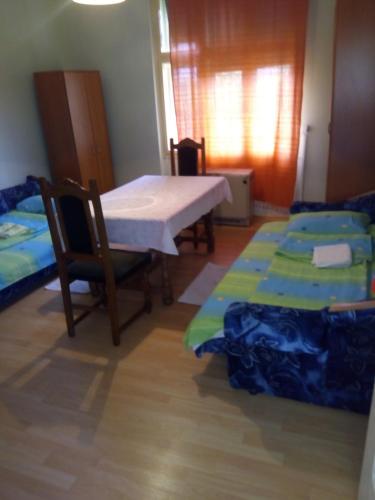 巴尼亚科维利亚查Soba Macva的一间设有两张床和一张桌子及椅子的房间