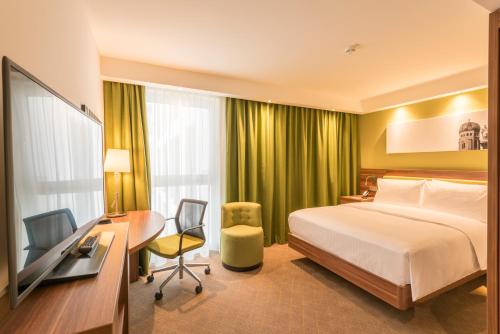 慕尼黑Hampton By Hilton Munich City West的酒店客房配有一张床、一张书桌和一台电视。