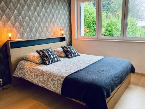 莱托利Les Fougères 12 personnes SPA/SAUNA的一间卧室配有带2个枕头的床和2个窗户。
