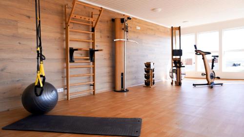 海拉Stracta Hotel的一间设有跑步机和举重器材的健身房的客房