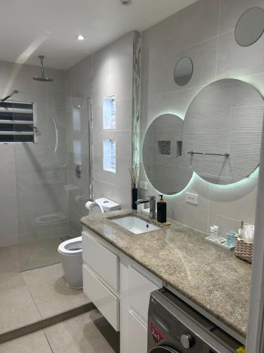 KoolbaaiLuxury Simpson bay condo的一间带水槽、卫生间和镜子的浴室