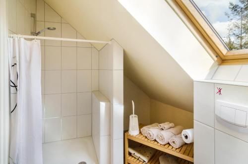 MoormerlandGulfhof Oldersum 2 Ferienwohnungen的阁楼浴室配有淋浴和卫生间。